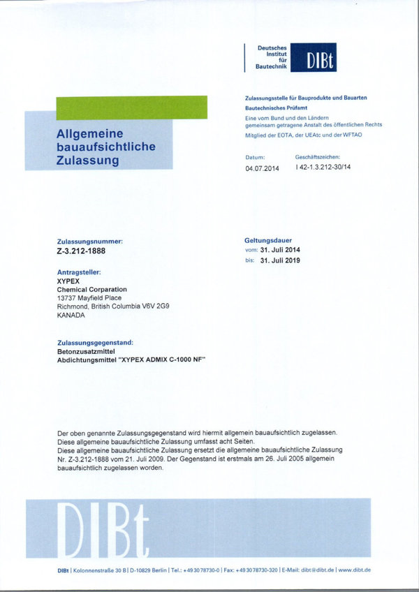 DIBt-Zulassung für XYPEX Abdichtungssysteme