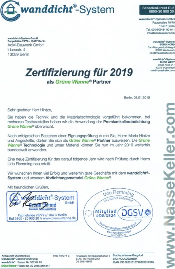 Zertifikat Grüne Wanne Außenabdichtung