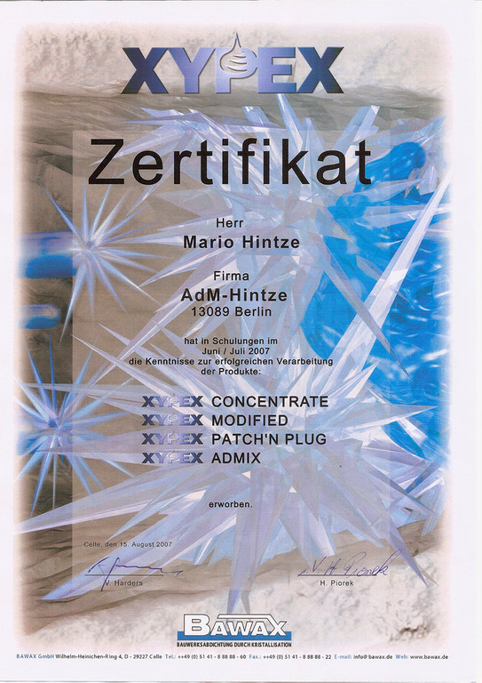 XYPEX Zertifikat für AdM-Bauwerk